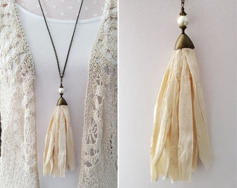 Tassel Necklace, Sari Silk, Fabric, Long Necklace, Cream