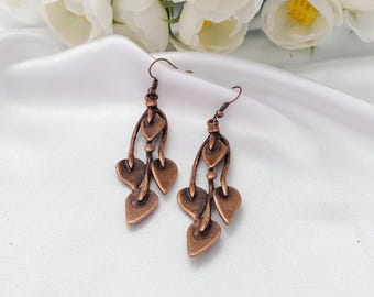 Copper Metal, Earrings, Boho, Leaf, Leaves