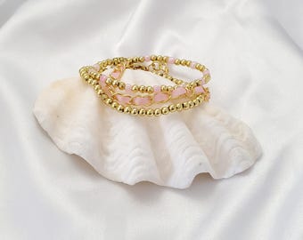 Bracelet Stack, Set, Gold Bracelet, Pink, Bead