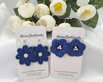 Flower Earrings, Navy, Stud, Handmade, Polymer Clay, Lightweight, Blue