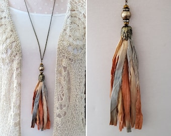 Tassel Necklace, Sari Silk, Fabric, Long Necklace