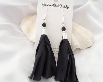 Tassel Earrings, Silk, Sari Silk, Dangle, Black