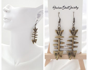 Fish Bone Earrings, Metal, Dangle, Brass