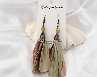 Tassel Earrings, Silk, Sari Silk, Dangle, Gemstone,