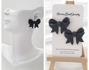 Black Bow Earrings  Stud, Polymer Clay,