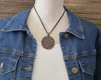 Copper Pendant Necklace, Flower,  oho,  Metal, Leather, Round