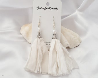 Tassel Earrings, Silk, Sari Silk, Dangle, White