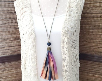Tassel Necklace, Sari Silk, Fabric, Long Necklace