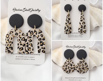 Leopard Print Polymer Clay Earrings: Gold Leaf Geometric Studs