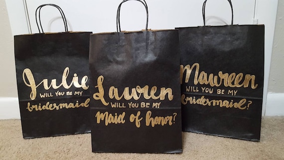 Medium Gift Bag Custom Gift Bags Calligraphy Gift Bag Bridesmaid Gift Bag Handlettered Gift Bag Grey Gift Bag Wedding Party Gift