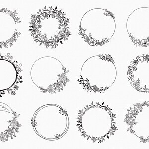 May include: Set of 12 black and white floral wreaths with circular frames. The wreaths are made of hand-drawn flowers, leaves, and branches. The wreaths are perfect for adding a touch of elegance to any project.