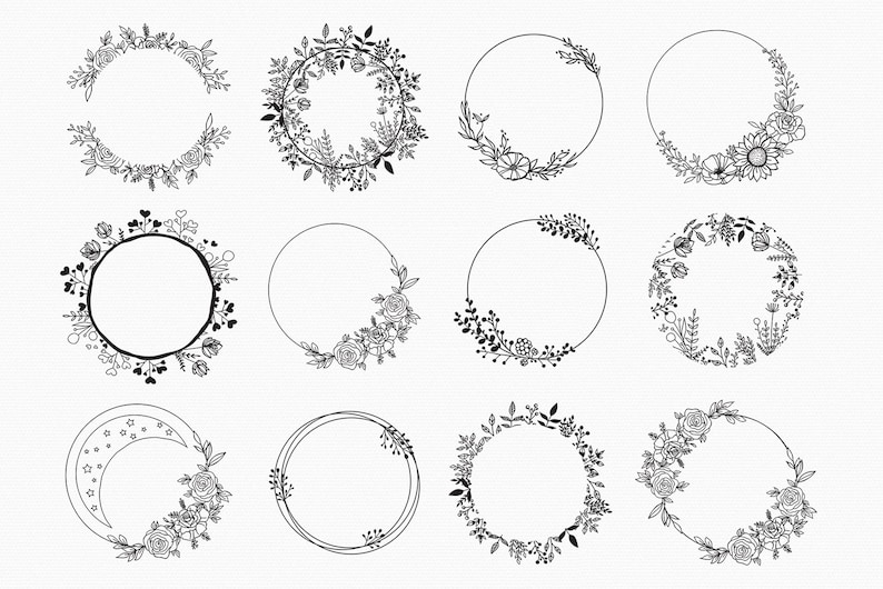 May include: Set of 12 black and white floral wreaths with circular frames. The wreaths are made of hand-drawn flowers, leaves, and branches. The wreaths are perfect for adding a touch of elegance to any project.