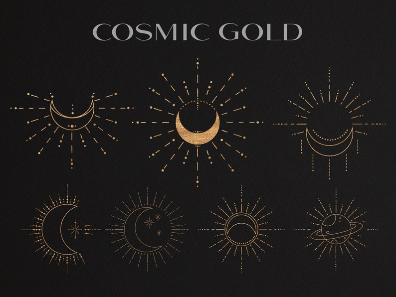 K&ouml;nnte beinhalten: Ein Satz von sechs goldenen Himmelsk&ouml;rper-Illustrationen auf schwarzem Hintergrund. Die Illustrationen zeigen Monde, Sterne und Planeten mit Sonnenstrahlen.