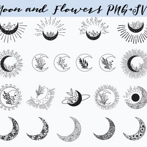 Moon and Flowers Clipart Bundle | Floral Moon Svg | Moon Design Svg | Floral Svg | Moon Phases Svg |  Celestial Svg | Crescent Moon Svg
