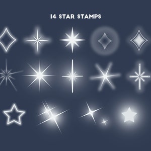Puede incluir: Un conjunto de 14 sellos de estrellas blancas, con diferentes estilos y tama&ntilde;os. Los sellos est&aacute;n dispuestos en tres filas sobre un fondo azul oscuro.