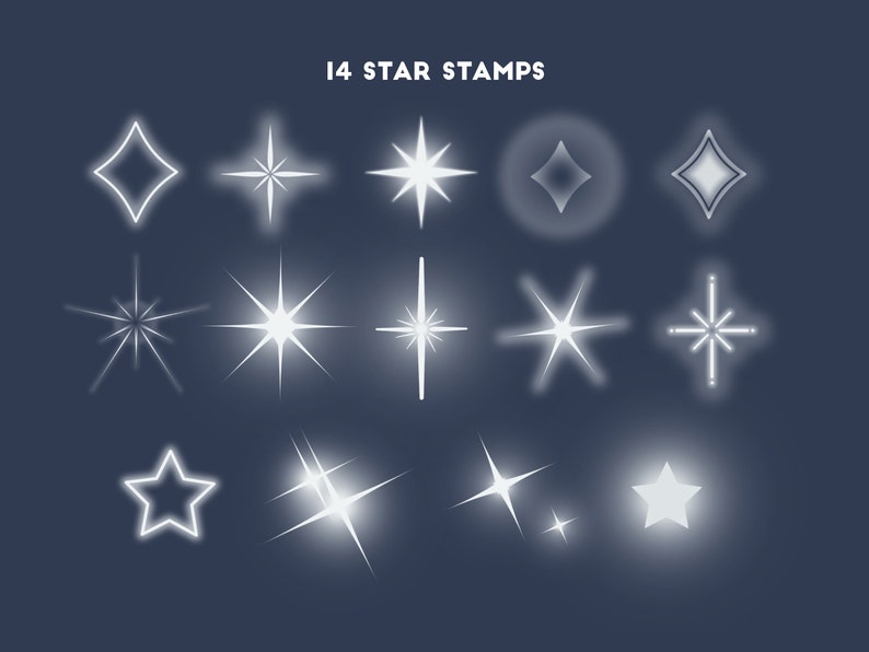 Puede incluir: Un conjunto de 14 sellos de estrellas blancas, con diferentes estilos y tama&ntilde;os. Los sellos est&aacute;n dispuestos en tres filas sobre un fondo azul oscuro.