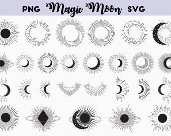 May include: A set of 30 black and white moon and sun illustrations with a variety of designs. The illustrations feature moons, suns, stars, and other celestial elements. The illustrations are perfect for use in digital or physical projects.