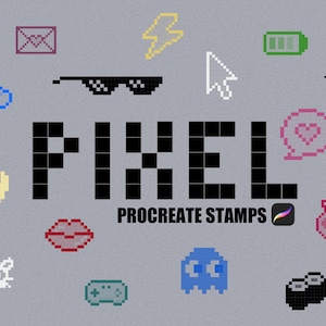 Puede incluir: Un conjunto de sellos de arte pixel para Procreate, que incluye varios iconos como una nube, una luna, un corazón, un fantasma, un mando de juego, una botella, un gato, unas gafas de sol, un rayo, un cursor, una batería, un rollo de sushi, una burbuja de diálogo, una carta y unos labios. La palabra "PIXEL" está escrita en letras negras grandes con el texto "PROCREATE STAMPS" debajo.