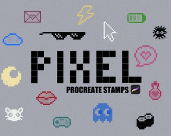 Sellos de píxeles para Procreate. Procrear Pixel Art. Procrear elementos del juego. Procrear sellos retro. Diseño de juego. Colección de sellos de píxeles