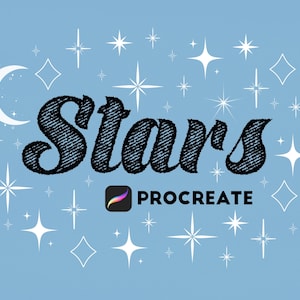 Puede incluir: Un fondo azul con estrellas blancas y una luna creciente. La palabra "Stars" está escrita en negro con un estilo texturizado dibujado a mano. El logotipo de la aplicación Procreate está debajo de la palabra "Stars".