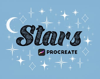 May include: A blue background with white stars and a crescent moon. The word "Stars" is written in black with a textured, hand-drawn style. The Procreate app logo is below the word "Stars".