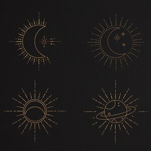 K&ouml;nnte beinhalten: Vier goldene Himmelsk&ouml;rper-Illustrationen auf schwarzem Hintergrund. Die ersten beiden Illustrationen sind Sichelmonde mit Sternen, die dritte ist ein Sichelmond mit einer Sonne und die vierte ist ein Planet mit Ringen.