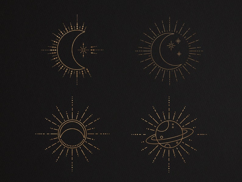 K&ouml;nnte beinhalten: Vier goldene Himmelsk&ouml;rper-Illustrationen auf schwarzem Hintergrund. Die ersten beiden Illustrationen sind Sichelmonde mit Sternen, die dritte ist ein Sichelmond mit einer Sonne und die vierte ist ein Planet mit Ringen.
