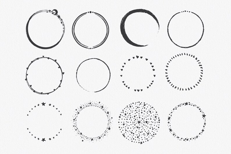 Puede incluir: Conjunto de 12 marcos circulares en blanco y negro con diferentes bordes decorativos. Los bordes incluyen estrellas, corazones, puntos y una luna creciente.