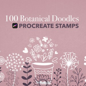 Puede incluir: Un conjunto de 100 sellos Procreate de garabatos botánicos con una variedad de flores, hojas y otros elementos florales. Los sellos son en blanco y negro y son perfectos para agregar un toque de naturaleza a tu arte digital.