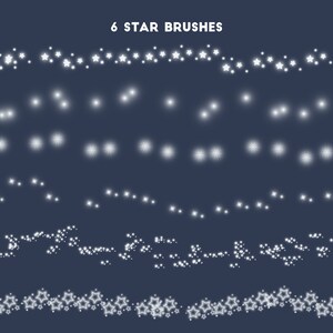 Puede incluir: Seis dise&ntilde;os diferentes de pinceles de estrellas, cada uno con un tama&ntilde;o y una forma diferentes. Las estrellas son blancas y tienen un efecto suave y brillante. El fondo es azul oscuro.