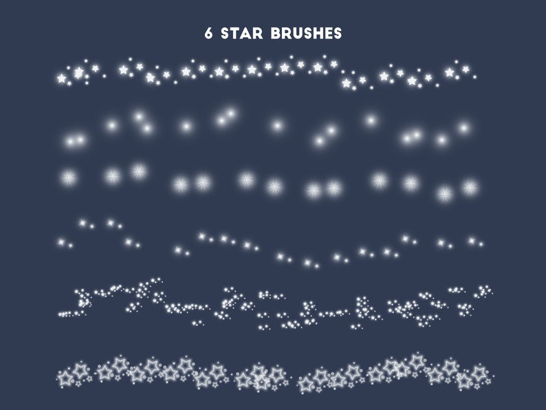 Puede incluir: Seis dise&ntilde;os diferentes de pinceles de estrellas, cada uno con un tama&ntilde;o y una forma diferentes. Las estrellas son blancas y tienen un efecto suave y brillante. El fondo es azul oscuro.