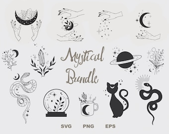 May include: A set of 12 black and white mystical illustrations featuring a crescent moon, a crystal, a snake, a cat, a planet, a cup, a hand holding a moon, a hand holding stars, and a snow globe. The illustrations are ideal for creating digital designs, crafts, and more.