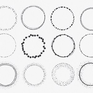 Puede incluir: Conjunto de 12 marcos circulares en blanco y negro con diferentes patrones. Los marcos est&aacute;n hechos de puntos, guiones y l&iacute;neas.