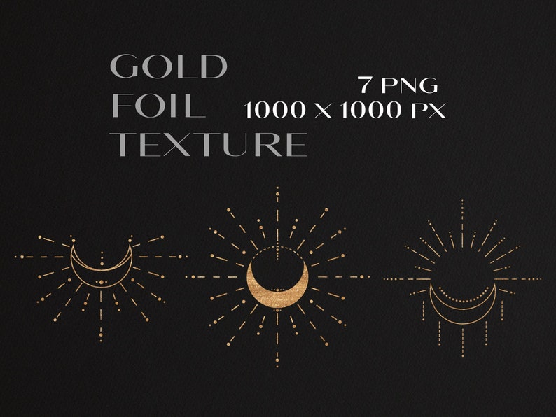 K&ouml;nnte beinhalten: Satz mit 7 PNG-Dateien mit Goldfolientextur, jeweils 1000 x 1000 Pixel, mit einem Halbmond mit Sonnenstrahlen-Design.