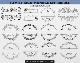 Family Sign Floral Bundle SVG, Family Wreath Svg, Family Monogram Svg, Family Name Frames, Family Last Name Svg, Instant Download