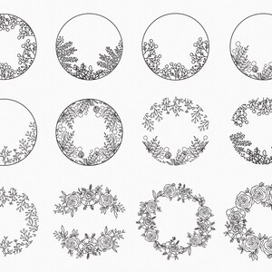 May include: Set of 12 black and white floral wreaths, featuring various floral designs, ideal for adding a touch of elegance to your projects.