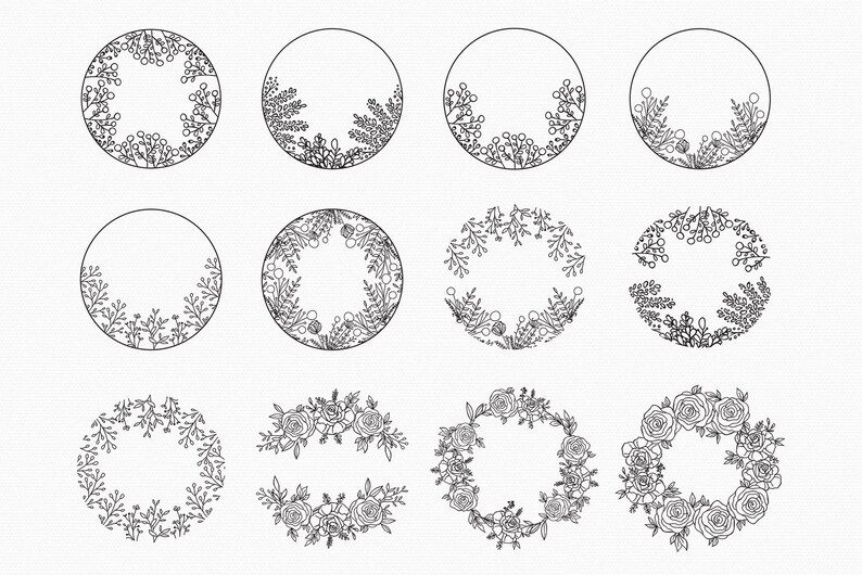 May include: Set of 12 black and white floral wreaths, featuring various floral designs, ideal for adding a touch of elegance to your projects.