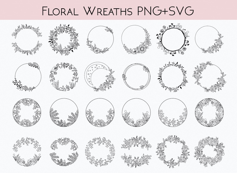 May include: A set of 20 black and white floral wreaths. The wreaths are made of various flowers, leaves, and branches. They are ideal for adding a touch of elegance to any project.