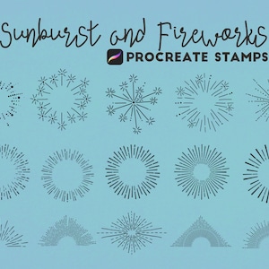 May include: A set of 15 black and white Procreate stamps featuring sunburst and firework designs. The stamps are perfect for adding a touch of whimsy and sparkle to your digital art.