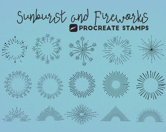 Procreate-stämplar med solstrålar och fyrverkerier, 30 Procreate-fyrverkeristämplar, stämpelpenselset med solstrålar, Procreate-stämplar | Digital nedladdning