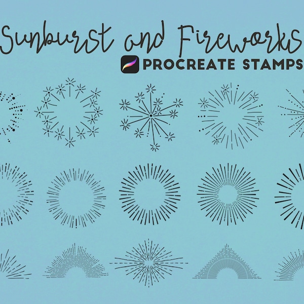 Sunburst and Fireworks Procreate Stamps, 30 Procreate Fireworks Stamps, Sun Rays Stamp Brushset, Procreate Stamps | Digital download