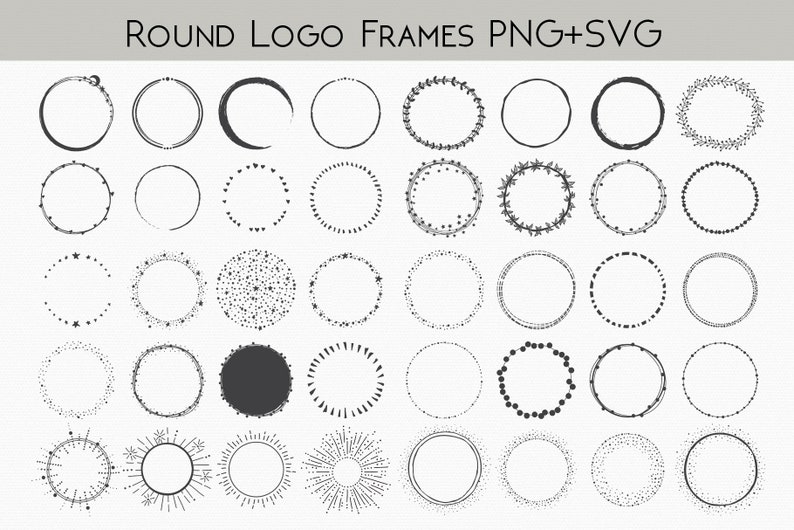 Puede incluir: Un conjunto de 40 marcos de logotipo redondos en blanco y negro. Los marcos est&aacute;n dibujados a mano y presentan varios dise&ntilde;os, que incluyen puntos, estrellas, hojas y espirales.