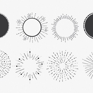 Puede incluir: Conjunto de ocho elementos de dise&ntilde;o circulares en blanco y negro. Los dise&ntilde;os incluyen un c&iacute;rculo s&oacute;lido, un c&iacute;rculo con un borde punteado, un c&iacute;rculo con un borde discontinuo y cinco dise&ntilde;os de rayos de sol diferentes.