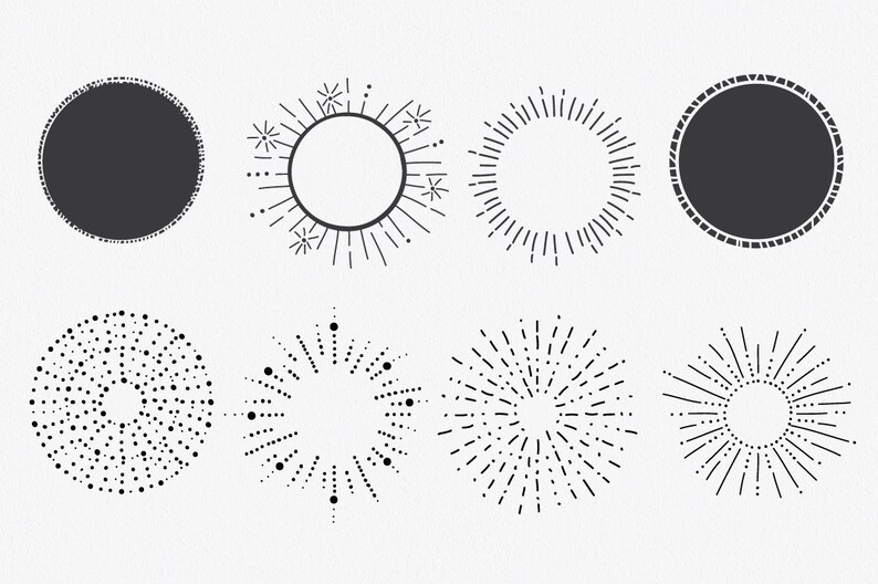 Puede incluir: Conjunto de ocho elementos de dise&ntilde;o circulares en blanco y negro. Los dise&ntilde;os incluyen un c&iacute;rculo s&oacute;lido, un c&iacute;rculo con un borde punteado, un c&iacute;rculo con un borde discontinuo y cinco dise&ntilde;os de rayos de sol diferentes.