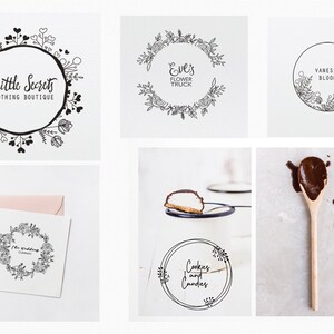 May include: Five different black and white floral wreath logos with text inside the wreath. The logos are: "Little Secrets Clothing Boutique", "Eve's Flower Truck", "Vanessa Bloom", "The Wedding Company", and "Cookies and Candies".