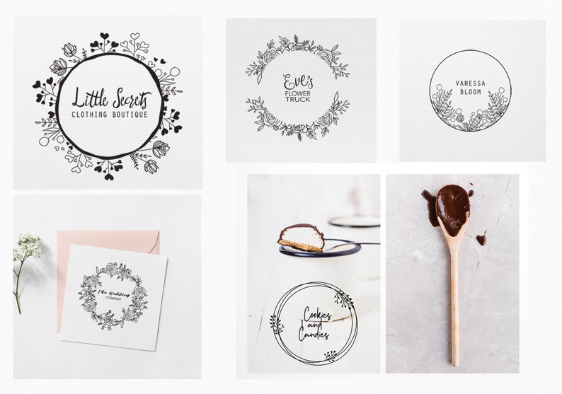 May include: Five different black and white floral wreath logos with text inside the wreath. The logos are: "Little Secrets Clothing Boutique", "Eve's Flower Truck", "Vanessa Bloom", "The Wedding Company", and "Cookies and Candies".