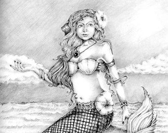 Mermaid on Island-Pencil Drawing-Mermaid Realistic Drawings-Black and White Sketch