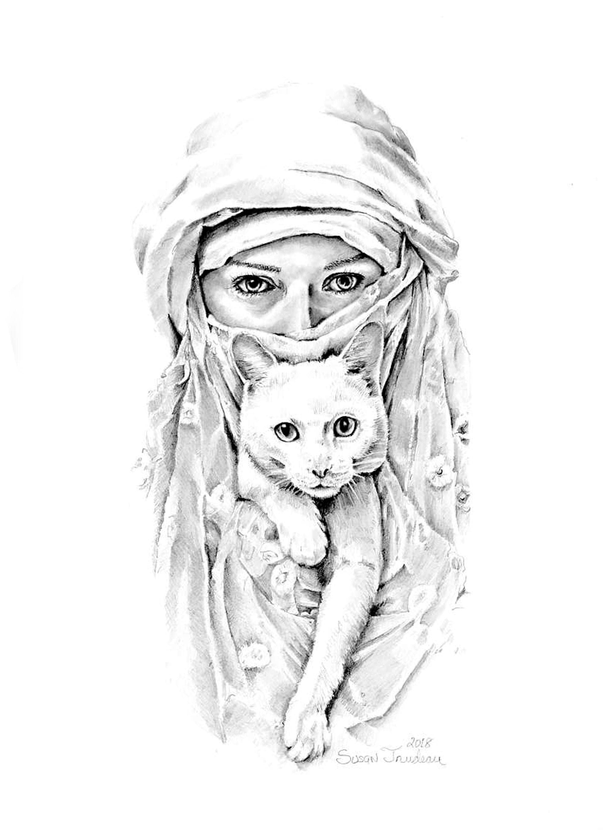 Woman With Scarf And Cute CatOriginal Pencil DrawingRealism Art