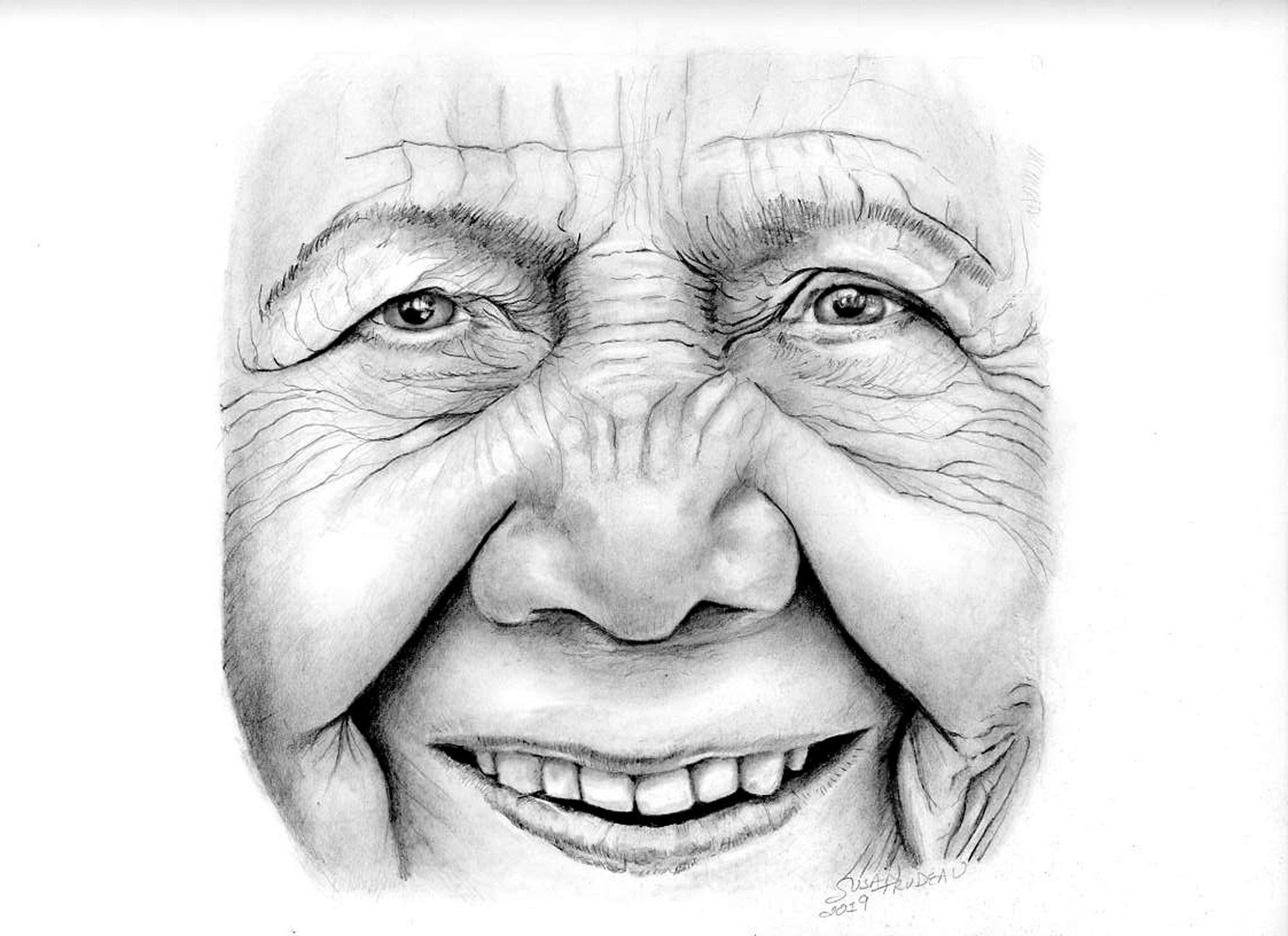 Senior Happiness-Pencil Graphite Drawing-Portrait-Realistic Drawing  Woman-Realistic Old Woman Face Drawing, Face Hyper Realistic Sketch