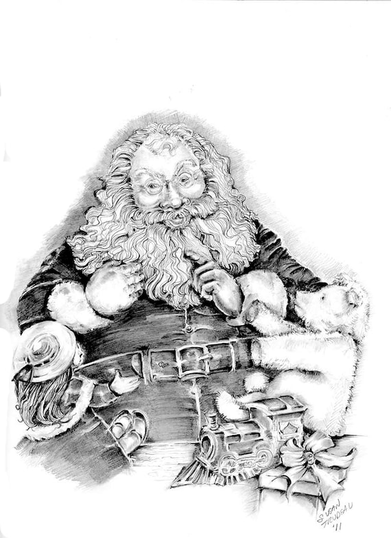 Santa and Toys-original Pencil Illustration for Xmaschristmas Sketch-realism-black  and White Art - Etsy